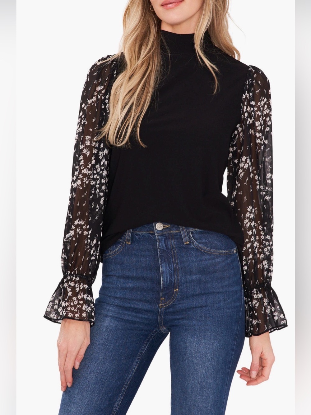 CeCe Floral Sleeve Mock Neck Mixed Media Top Black Large